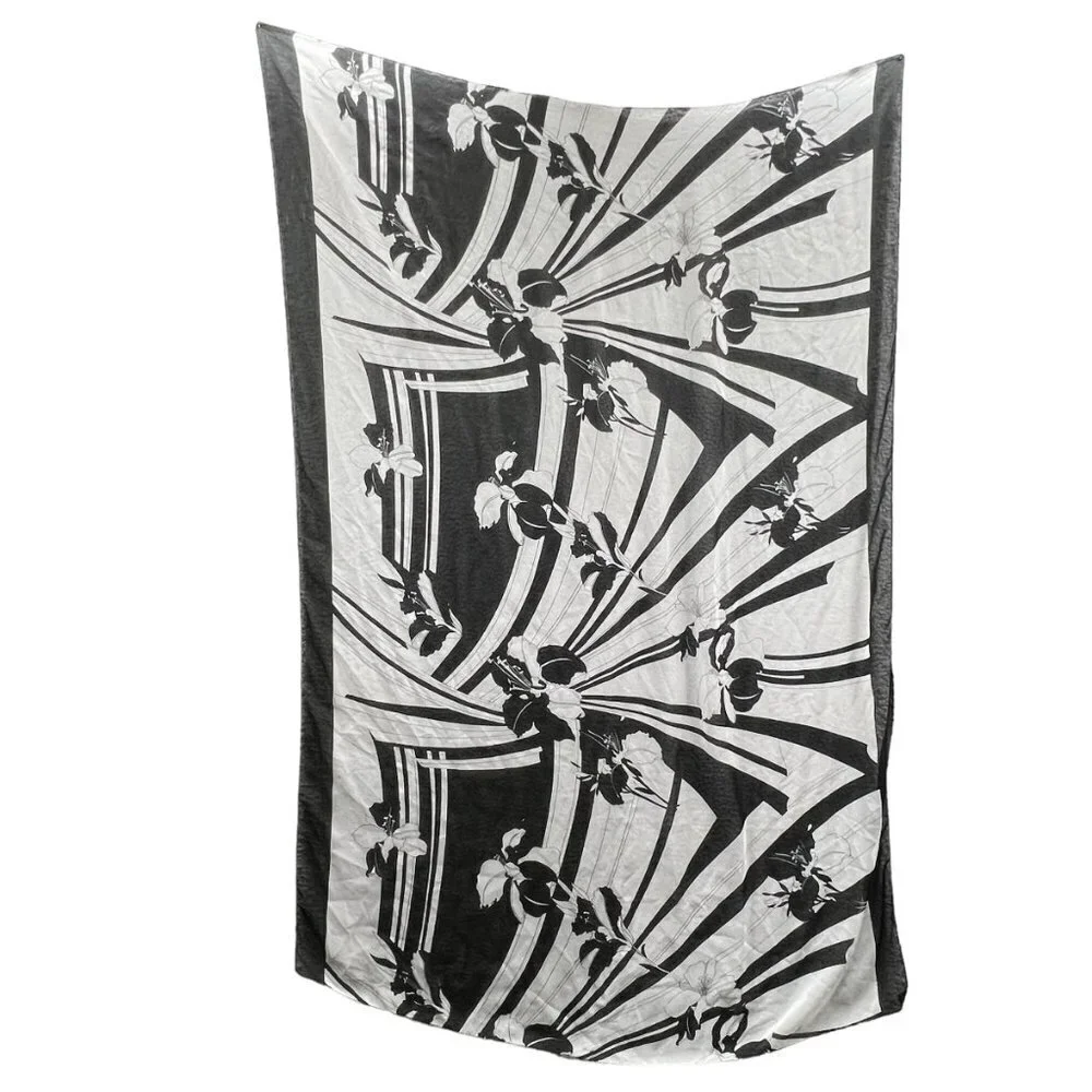 Vintage Black and White‎ Lilly Flowers Scarf Large 40 x 60